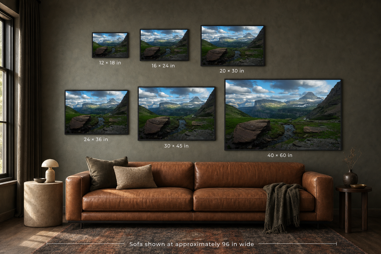 Cleansing shown above the same sofa at 24 by 36, 32 by 48, 40 by 60, and 48 by 72 inches