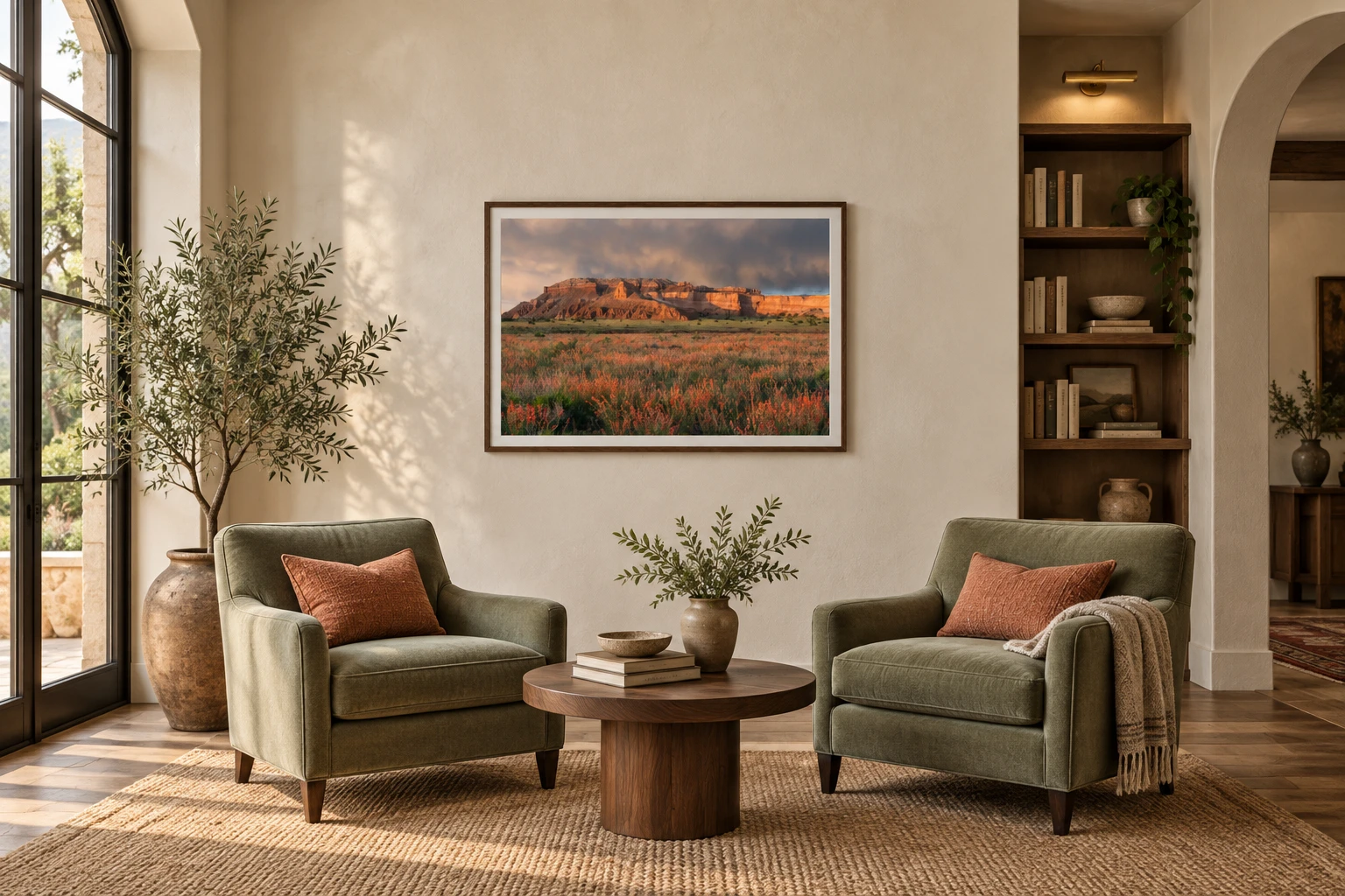 Room mockup showing Hunter Page's Heliotropism in a modestly sized frame in a sage and terracotta reading lounge