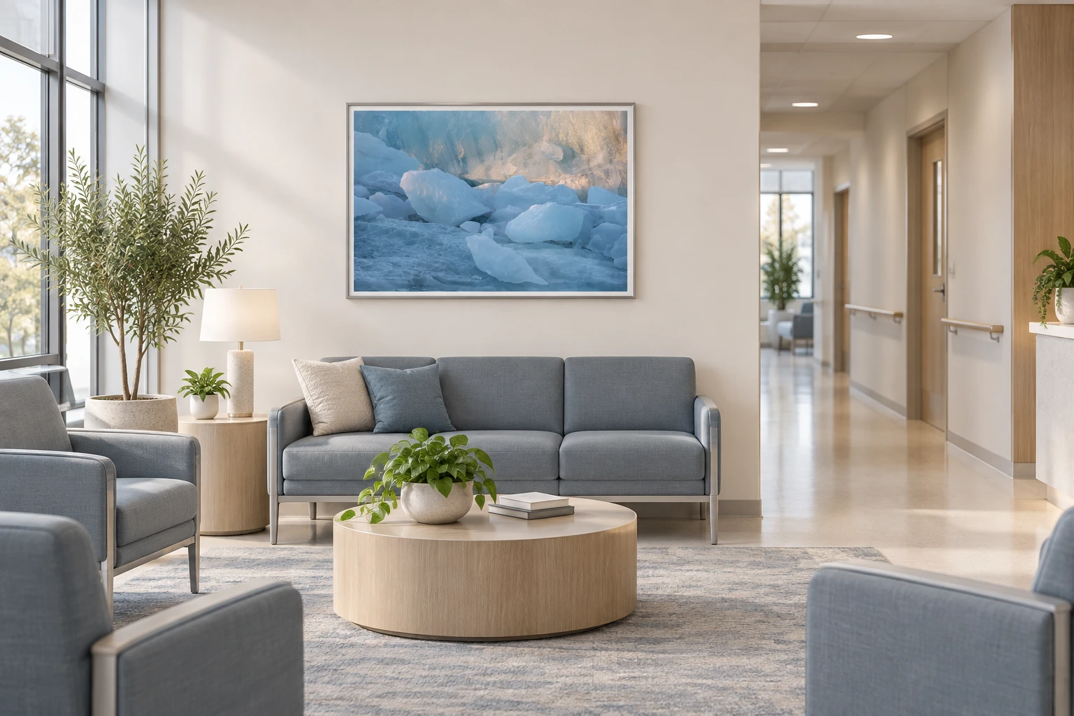 Room mockup showing Hunter Page's Iceland landscape study in a modestly sized frame in a hospital family waiting room