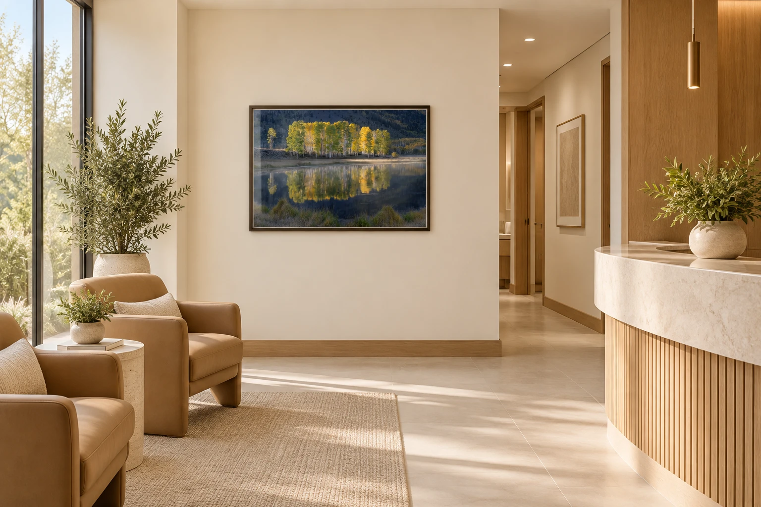 Room mockup showing Hunter Page's Misty Fall in a modestly sized frame in a refined medical reception