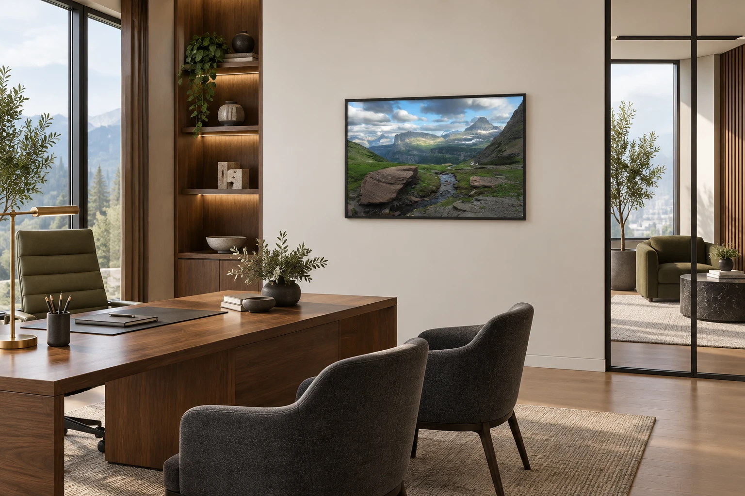 Room mockup showing Hunter Page's Cleansing in a modestly sized frame in a contemporary executive office