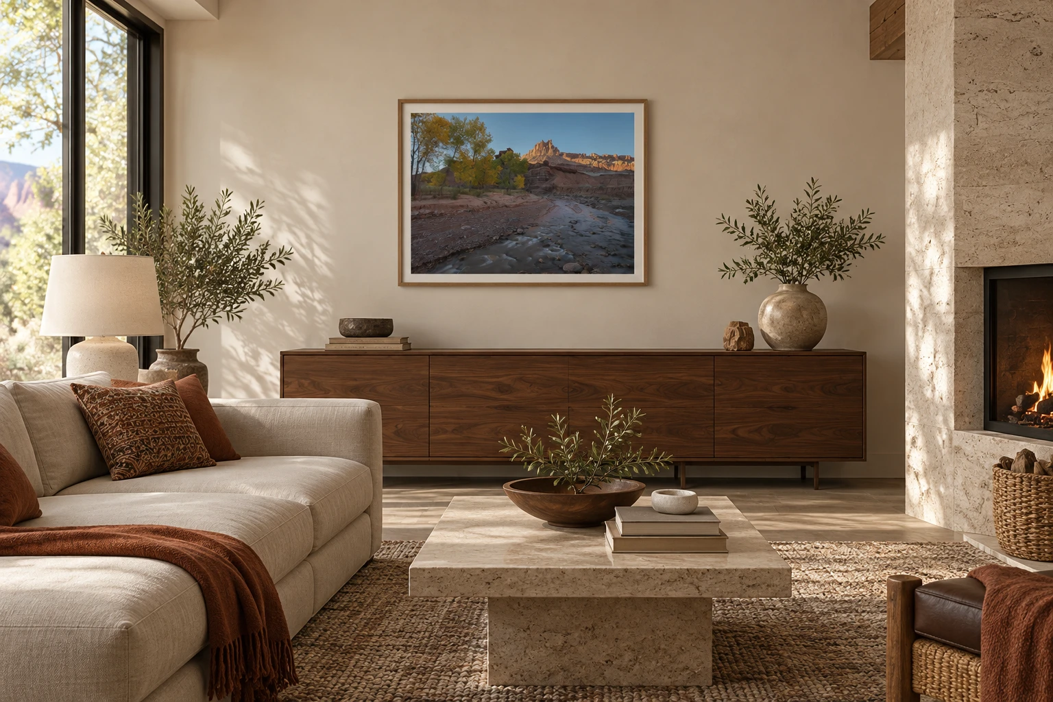 Room mockup showing Hunter Page's Golden Castle in a modestly sized frame in a warm contemporary home