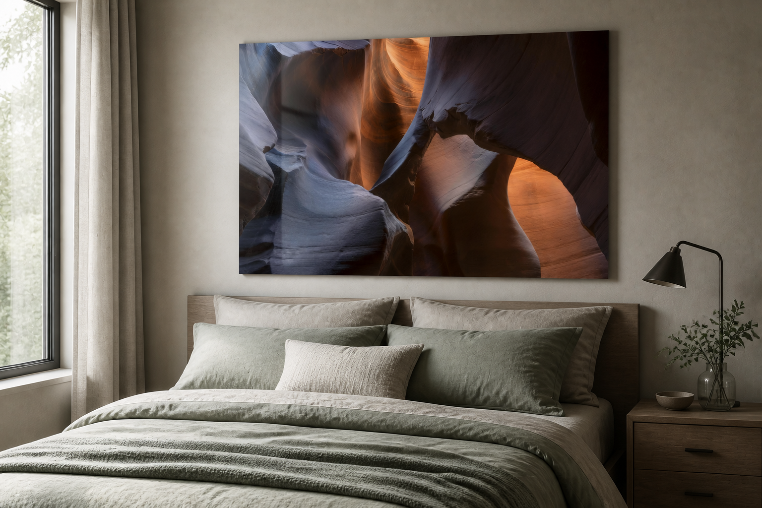 Variations displayed as a museum-grade acrylic print above a bed with muted green-gray linens