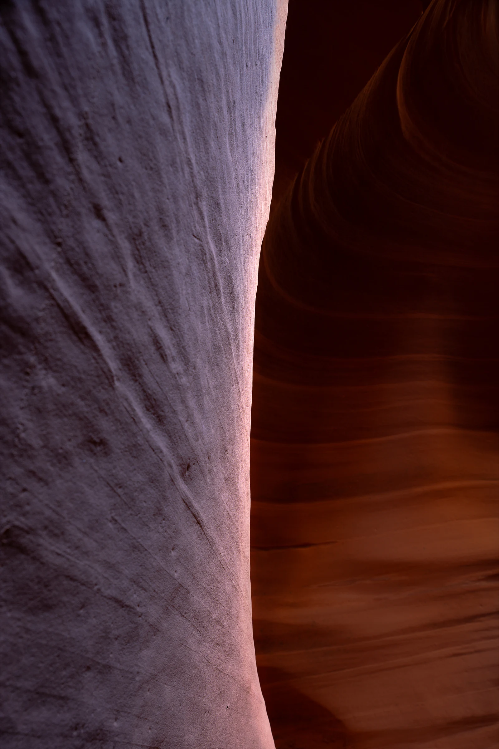 A pale lavender sandstone wall curves through the foreground, its narrow pink-lit edge bordering a shadowed slot canyon with sweeping layers of rust-red and brown rock.