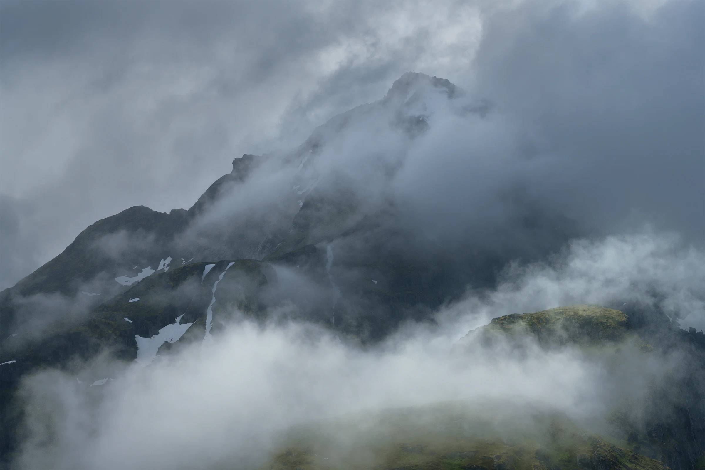 dense fog begins to lift while being illuminated by sunlight.