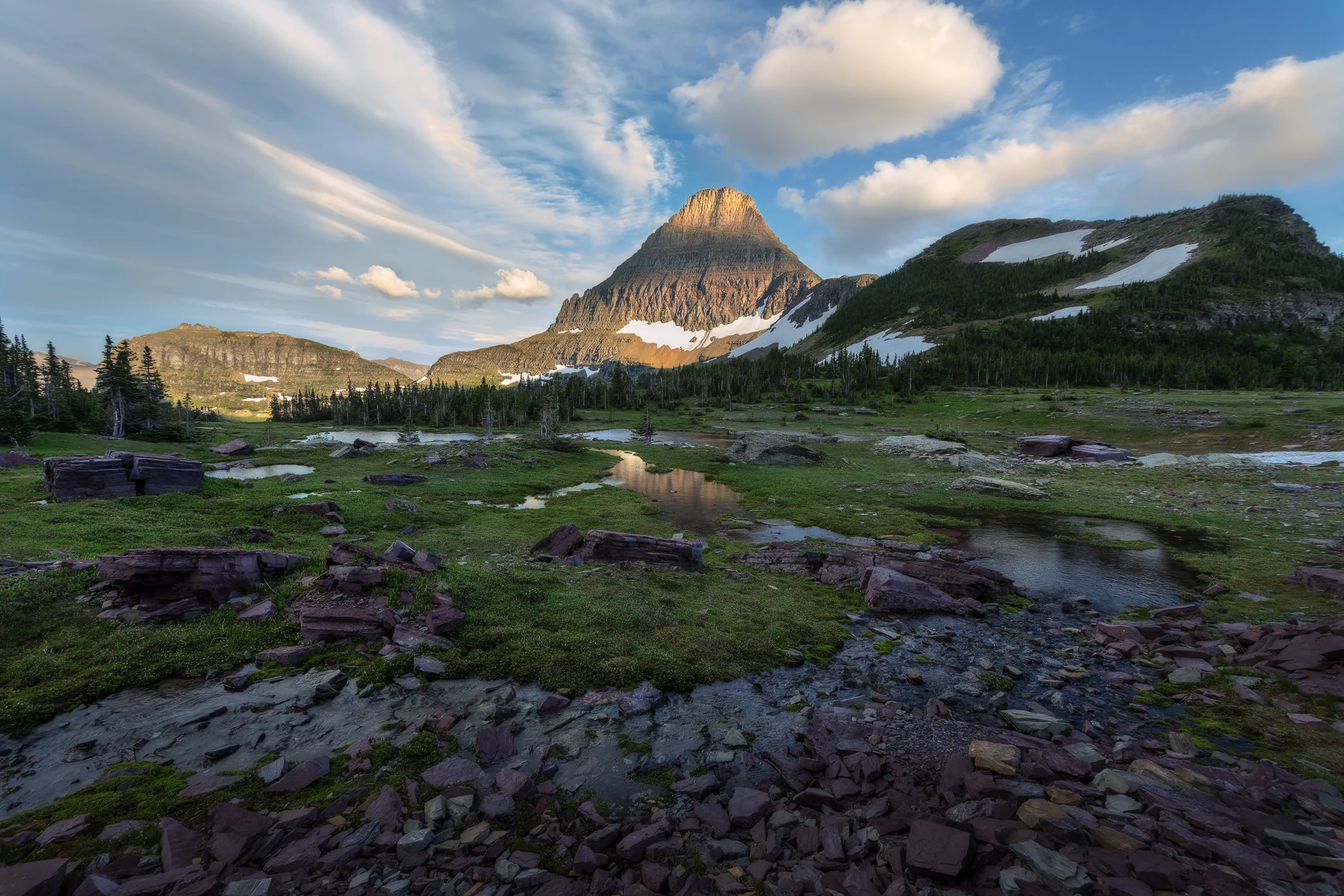 Mount Reynolds above an alpine stream and meadow in Glacier National Park