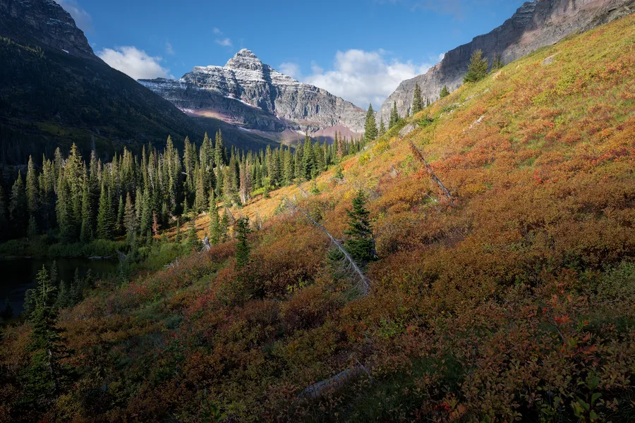 Autumn vegetation climbs a steep slope beneath rugged mountain peaks.