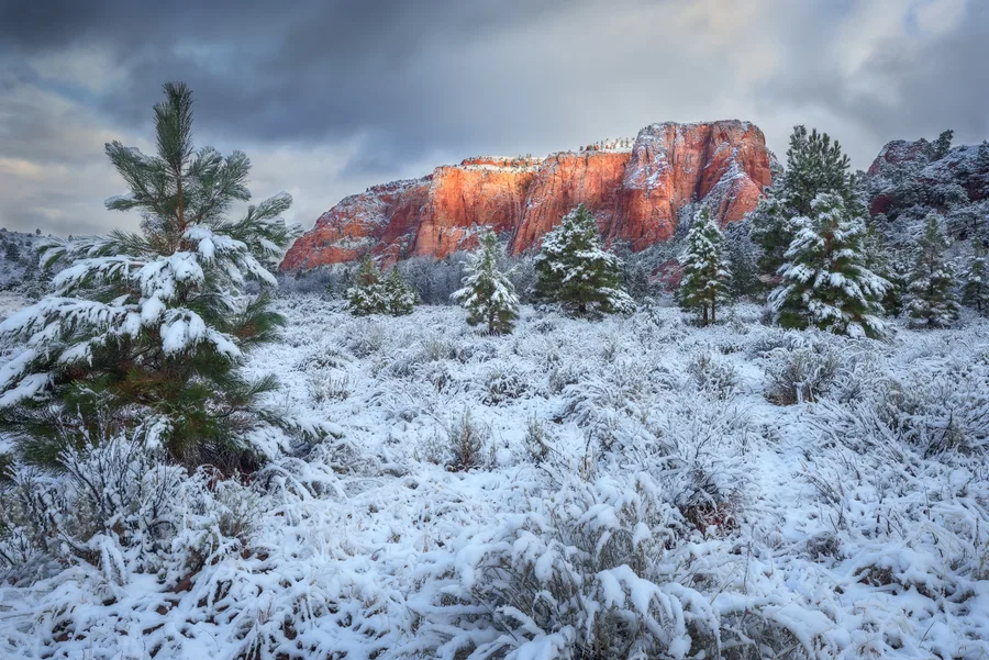 Snowy red rock landscape beneath dark storm clouds.