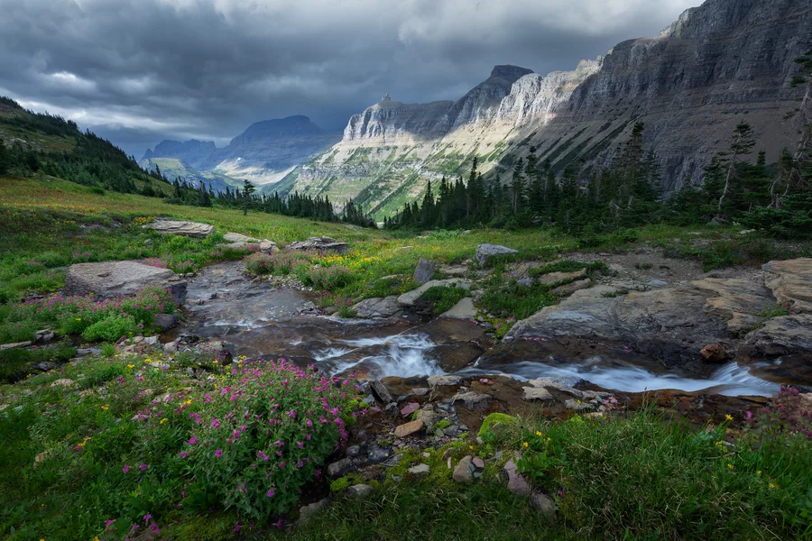 A rain-swollen creek flows through a mountain landscape.