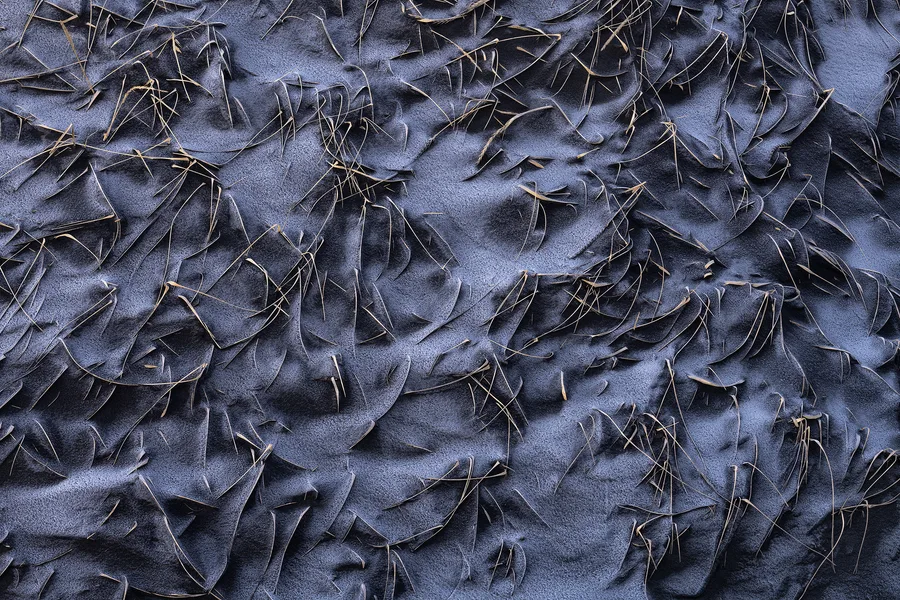 Close frost pattern with blue-gray crystalline ice spikes.