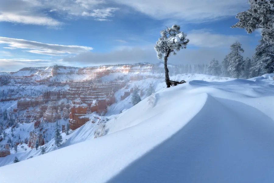 Snow-dusted sandstone cliffs in a canyon beneath a cloudy sky.
