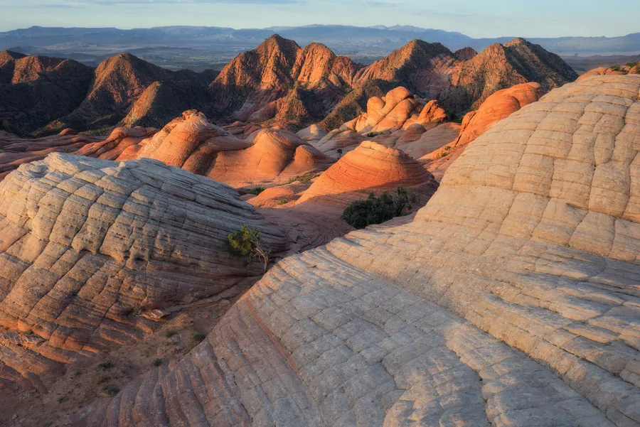 Wide desert sandstone formations glowing in warm low light.
