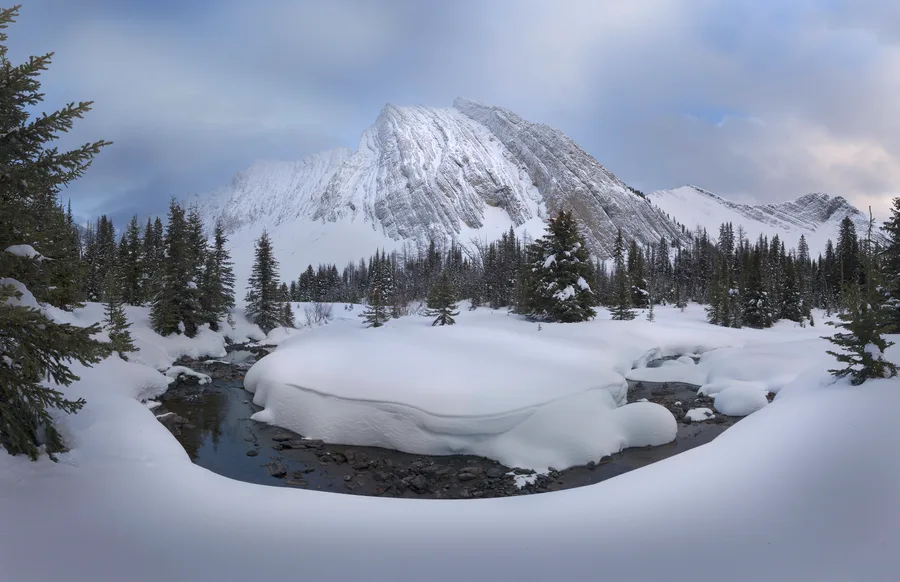 Snow-covered mountain and creek in a soft winter landscape.
