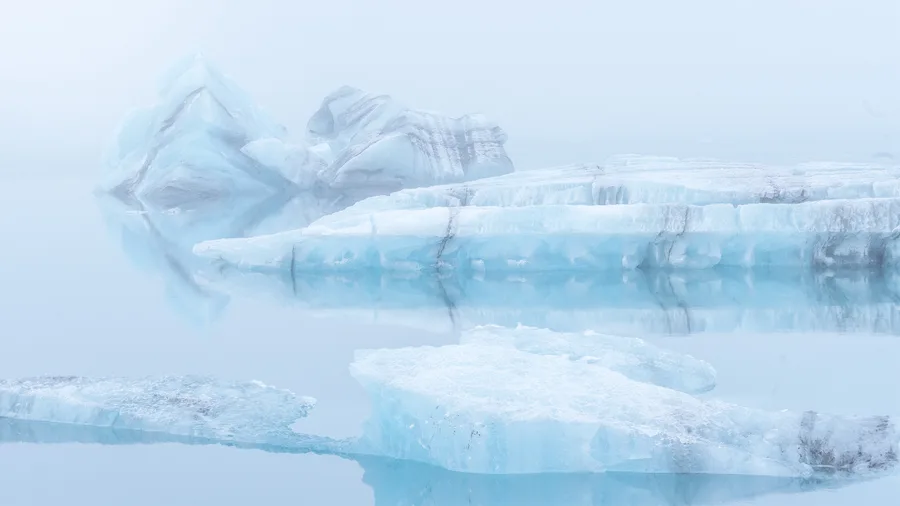 Pale blue icebergs and flat ice floes float in still water, their ridged surfaces and dark streaks reflected below, while taller angular formations fade into dense fog in the background.
