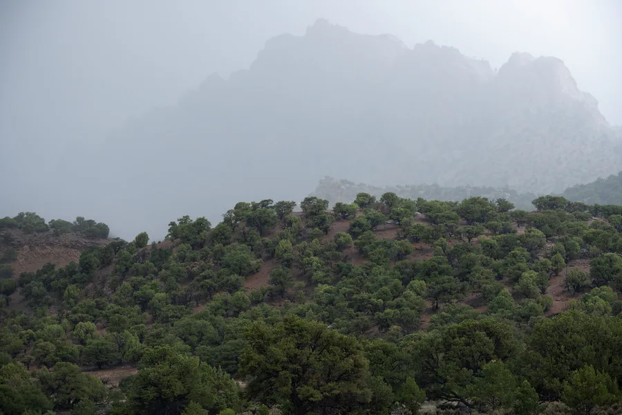 Fog drifts across rounded hills and rocky outcrops beneath an open sky.
